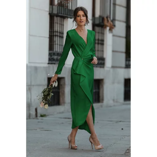 Fenzy elegantna midi obleka na preklop z volančki in 3/4 rokavi brynlee, temno zelena