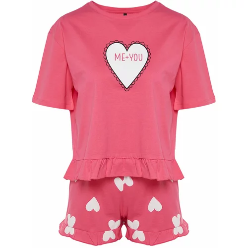 Trendyol Pink Heart Patterned Ruffle Detailed T-Shirt-Shorts Knitted Pajama Set