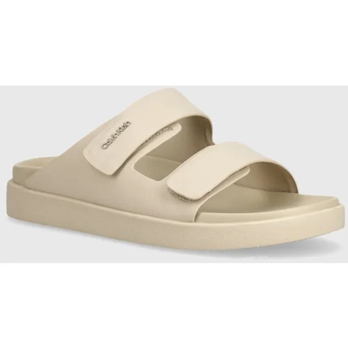 Calvin Klein Usnjeni natikači FLAT ADJ SLIDE CALVIN MTL LTH ženski, bež barva, HW0HW01954