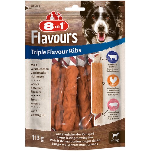 3 + 1 gratis! 4 x 8in1 grickalice za pse - Triple Flavour Ribs &scaron;tapići za žvakanje (4 x 6 kom.) Cijene