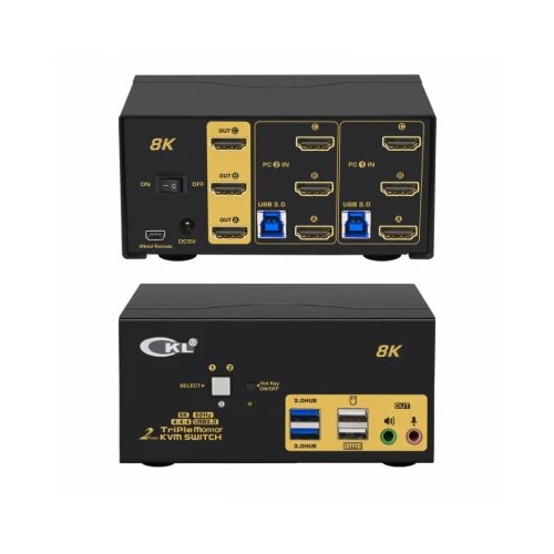 hdmi kvm usb svič CKL-923HUA-4, 2-portni, triple monitor, hdmi 2.1 compliant up to 8K hdtv (@60Hz), with audio &amp;amp; microhpone, 2 x usb 3.0 port hub, svič mode: push button / hotkey / mouse click / wired remote / auto scan Slike