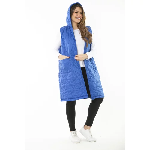 Şans Women's Plus Size Saxe Blue Front Zippered Hooded Quilted Lined Long Coat