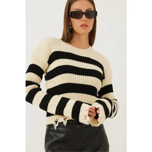 Bianco Lucci Women's Ripped Detail Striped Sweater