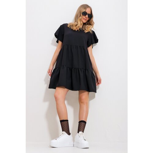 Trend Ala&amp;ccedil;atı Stili Women&amp;#039;s Black V-Neck Tiered Flounce Woven Dress Slike