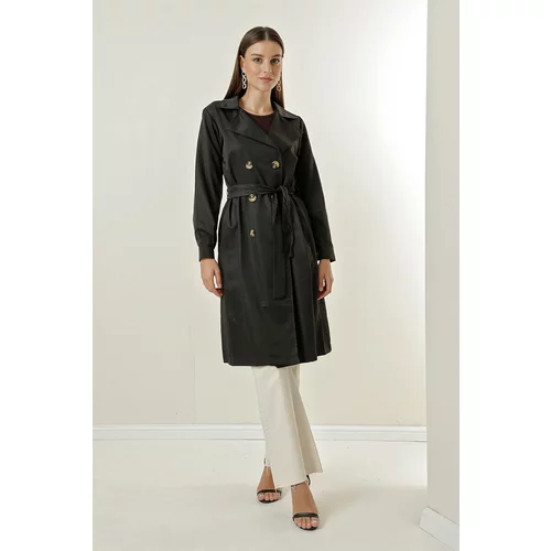By Saygı Notched Collar Waist Belted, Pocket Soft Cotton Trench Coat.