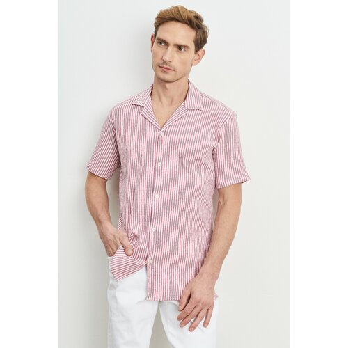 AC&Co / Altınyıldız Classics Men's White-burgundy Comfort Fit Comfy Cut Monocollar See-through Striped Shirt. Slike
