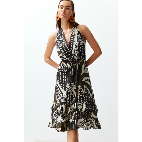 Trendyol tropical patterned belted midi woven ruffle 100% cotton beach dress Slike