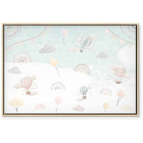  Slika - Sky with Balloons - Balloons in Subdued Colors Flying in the Sky Among Clouds Rainbows and Stars 90x60 U prirodnom drven Cene