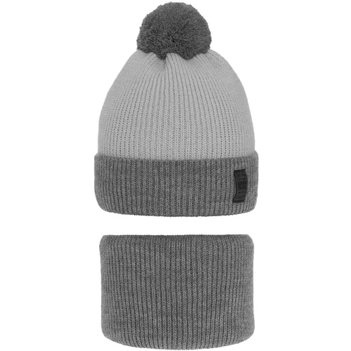 AGBO Boy's winter set: hat and tube scarf grey Raspi with pompom