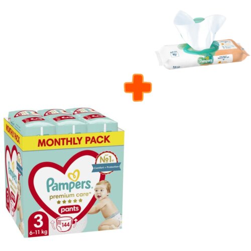 Pampers pelene premium pants, veličina 3, pakovanje od 144 komada + maramice harmonie neven, 44 komada Slike