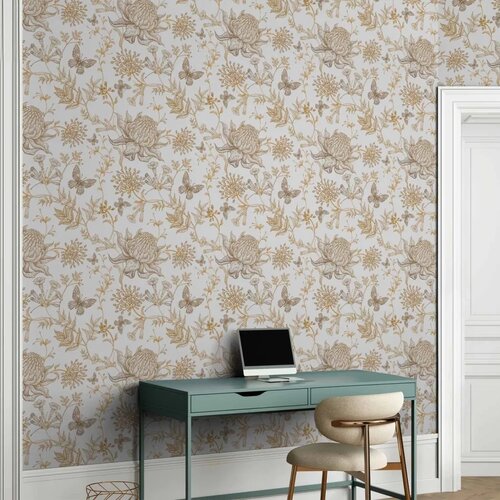  Tapeta - Beige flowers and butterflies on white background 49x1000 Slike