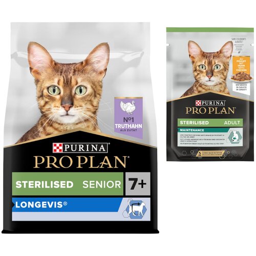 Pro Plan suha mačja hrana + 6 x 85 g mokre hrane gratis! - Sterilised Senior 7+ Longevis puran (3 kg) + Pi&amp;scaron;čanec (6 x 85 g) Slike