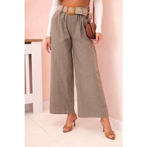 Kesi Włoski Women&amp;#039;s linen trousers with wide legs and a belt fango Slike