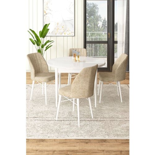 Hanah home Rox - White, Cream WhiteCream Dining Table & Chairs Set (5 Pieces) Cene