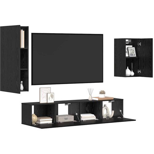  Set TV komoda 4 kom. Crni hrast Konstruirano drvo Crna 30,5 x 30 x 90 cm Slike