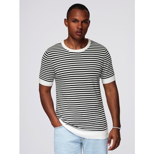 Ombre Men's knitted t-shirt with navy stripes and openwork weave - black and white Cene