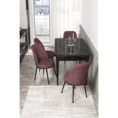 Hanah home trpezarijski set Via, sto na razvlačenje i 4 stolice, ploča u dekoru crnog mermera, puder roze tkanina Jerry Cene