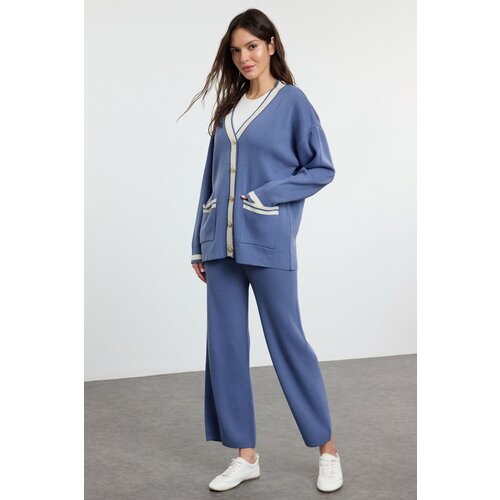 Trendyol Indigo Color Block Gold Buttoned Pocket Cardigan-Pants Knitwear Bottom-Top Set Cene