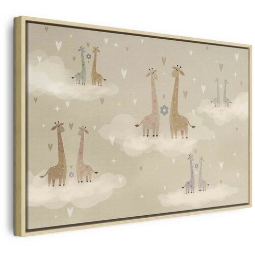  Slika - Love - Colorful Giraffes Floating on Clouds Among Hearts and Stars 90x60 U prirodnom drvenom okviru Cene