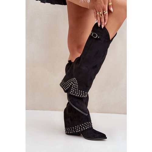 FS1 Knee Boots With Rolled Shaft On Heel Black Iveliri Cijene