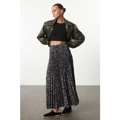 Trendyol Dark Brown Pleated Leopard Printed Stretchy Knitted Skirt Slike