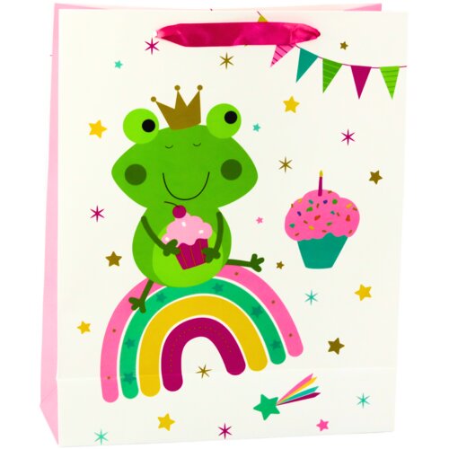 Frog Gift Bag with Crown Rainbow White Pink 32x26x10cm Slike