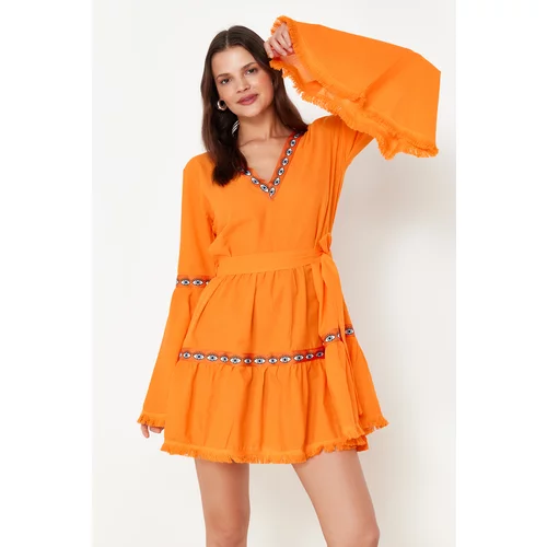Trendyol Orange Belted Mini Woven Flounce Beach Dress