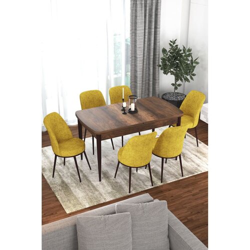 Hanah home trpezarijski set Via, sto na razvlačenje i 6 stolica, ploča u dekoru drveta Baroque, senf žuta tkanina Jerry Cene