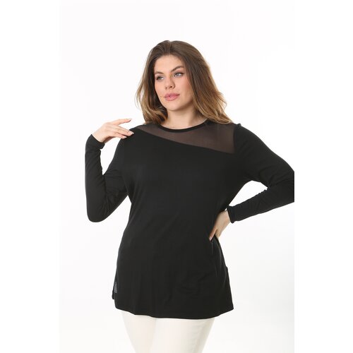 Şans women's plus size black front and back tulle detail long sleeve blouse Cene