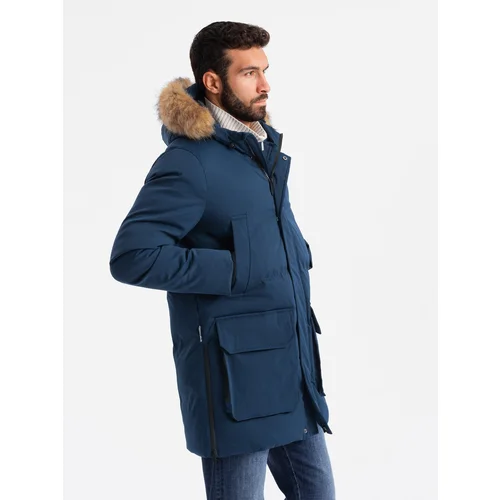 Ombre Men's long parka jacket with flared bottom - navy blue