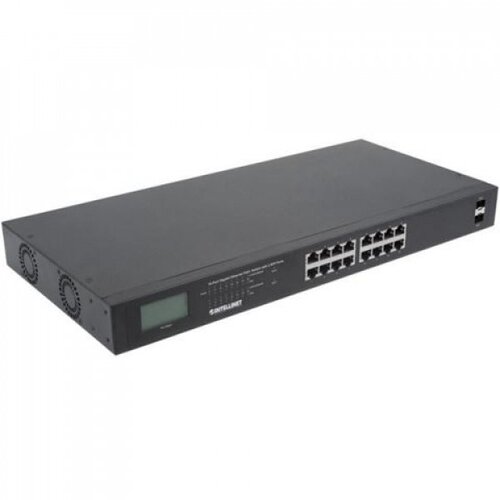 Intellinet 16-Port Gigabit Ethernet PoE+ Switch with 2 SFP Ports, LCD Display, IEEE 802.3at/af Power over Ethernet (PoE+/PoE) Compliant, 370 W, Endspan, 19&amp;quot; Rackmount Slike