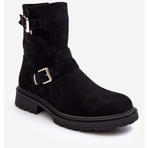 Kesi Women's flat heel boots with buckles Black Bliggore Slike