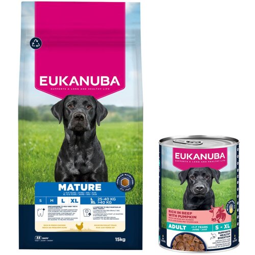  15 kg Eukanuba suha hrana + 3 x 400 g odgovarajuće mokre hrane gratis! - Mature Large & Giant Breed piletina + Senior bogato govedinom s bundevom Cijene
