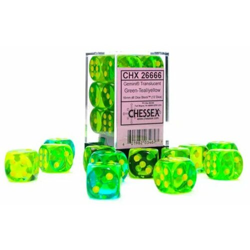 Chessex Kockice - Gemini - Translucent - Green-Teal & Yellow - Dice Block 16mm ( Cene