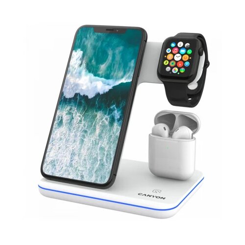 Canyon WS-302, 3in1 Wireless charger, with touch button for Running water light, Input 9V/2A, 12V/2A, Output 15W/10W/7.5W/5W, Type c to USB-A cable length 1.2m, 137*103*140mm, 0.22Kg, White Slike