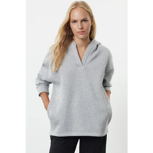 Trendyol Gray Melange Hooded Oversize/Wide Fit Thick Knitted Sweatshirt