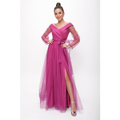By Saygı Lace Up Balloon Sleeve Tulle Long Evening Dress Fuchsia Cene