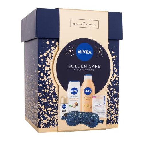 Nivea Golden Care Skincare Moments set: losjon za telo Q10 Firming Bronze 400 ml + gel za prhanje Shea Butter & Botanical Oil 250 ml + antiperspirant Black & White Invisible Silky Smooth 50 ml + balzam za ustnice Labello Hyaluron Rosé 5,2 g + spalna maska iz satena za ženske Cene