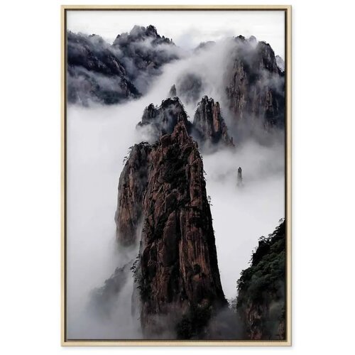  Slika - High Mountains in Mist (1-part) - Landscape of Clouds Amid Rocks 40x60 U prirodnom drvenom okviru Cene