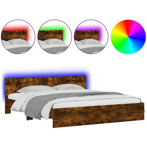 Maison Chic Posteljni okvir - Dvoposteljna postelja - Zakonska postelja z vzglavjem in LED dimljen hrast 200x200 cm, (21696123) Slike