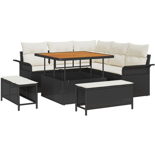 VidaXL 8 komadni vrtni sofa set s jastučićima crni poli ratan akacija, 2-sjedalna vrtna sofa s pohranom i jastučićima crni poli ratan, 3-komadni vrtni blagovaonski set s jastučićima crni poli ratan akacija Slike