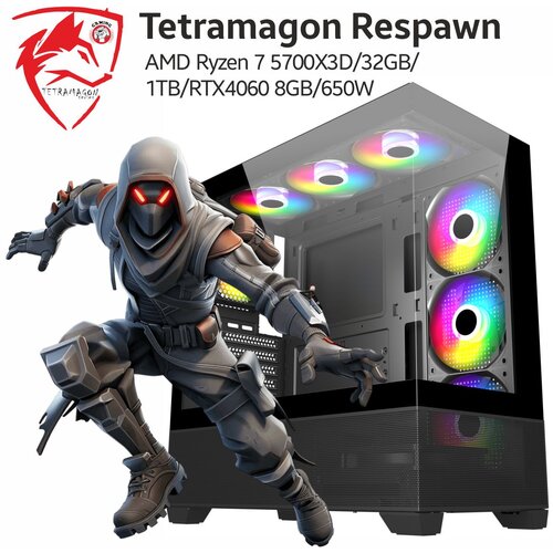 TETRAMAGON Racunar Respawn AMD Ryzen 7 5700X3D/32GB/1TB/RTX4060 8GB/650W, Crni Slike