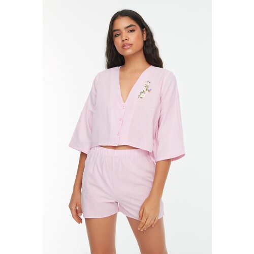 Trendyol Powder Embroidery Detailed Woven Pajamas Set Slike