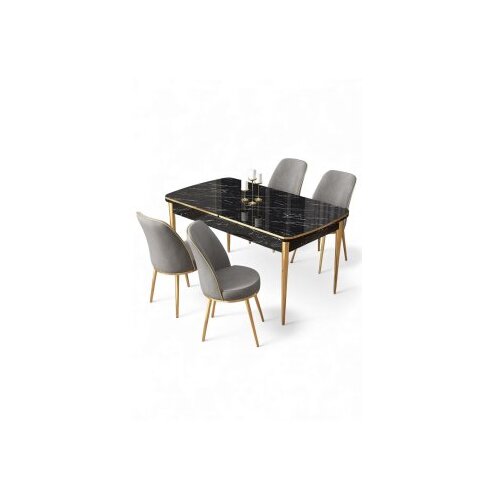 Hanah home Rasklopivi trpezarijski sto i stolice (5 delova) Nira Black Marble Gold Grey Cene