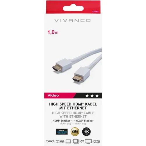 Vivanco High Speed HDMI mit Ethernet 1m 47164 1M HIGH SPEED HDMI Weiss Zum Anschluss für Rundfunkgeräte