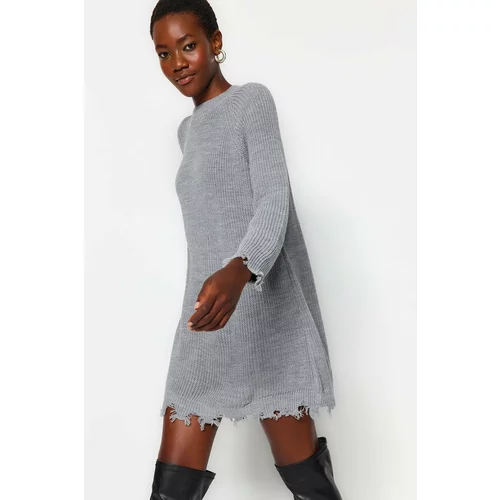Trendyol Gray Mini Knitwear Dress with Flow Detail and Raglan Sleeves