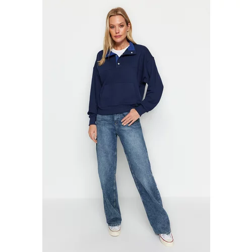 Trendyol Navy Blue Regular/Normal Fit Stitching Detail with Press-studs Stand Up Collar Thick Knitted Sweatshirt