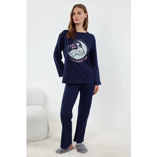 Trendyol Navy Blue 100% Cotton Teddy Bear and Galaxy Patterned Knitted Pajama Set