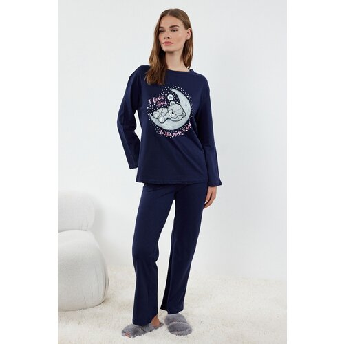 Trendyol Navy Blue 100% Cotton Teddy Bear and Galaxy Patterned Knitted Pajama Set Slike