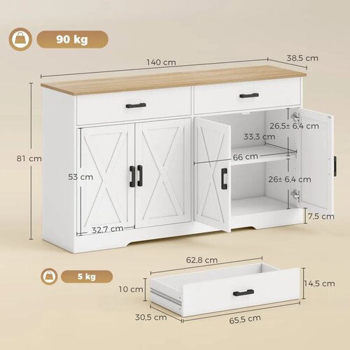  Komoda za bife seoski kuhinjski ormarić 140 cm s 2 ladice i 2 ormarića bijela Slike